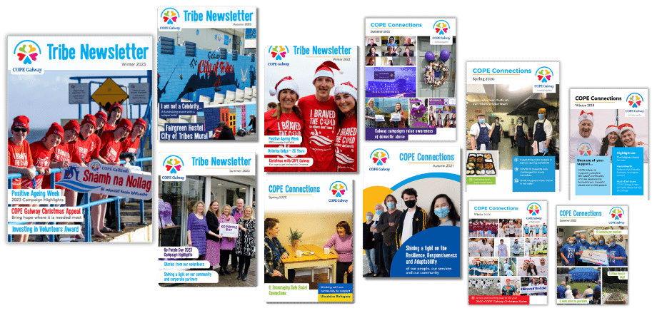 collage of covers of the cope galway tribe newsletter