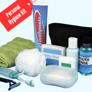 Selection of bathroom products including toothpaste, shaver, mouth wash, toothbrush, washing soap and toiletry bag.